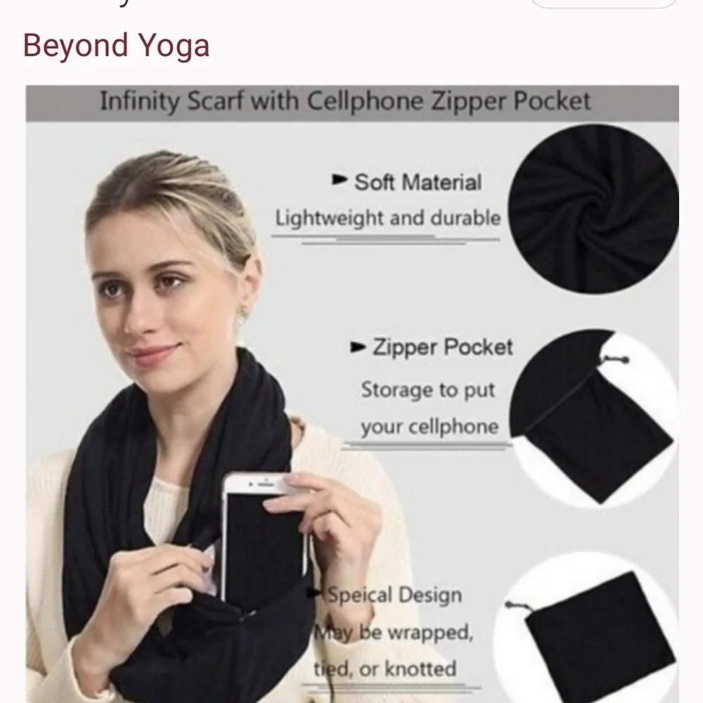 BEYOND YOGA Hidden Pocket Infinity Scarf Zipper Pocket Black Brown Soft